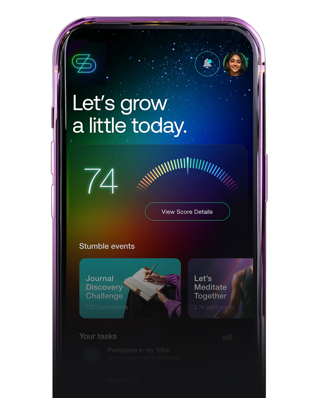 Stumble app screen showing community support for life transitions